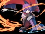  1boy black_background blue_eyes boots cape embers luka_(mon-musu_quest!) mon-musu_quest! mon-musu_quest:_paradox open_mouth purple_hair shiki_(psychedelic_g2) short_hair simple_background solo sword weapon 