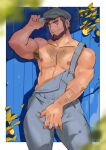  1boy armpit_hair bara beard blurry blush brown_eyes brown_hair chest_hair closed_mouth commentary_request covering covering_crotch facial_hair grey_headwear grey_overalls hand_up hat highres looking_at_viewer male_focus meyer_(pokemon) nipples overalls pokemon pokemon_(anime) pokemon_xy_(anime) shiny shiny_skin shirtless short_hair smile solo tofu_(pixiv10770344) 