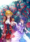  2boys akane_(xichris) blonde_hair blue_hair breasts brooch closed_eyes crossdressing dark_blue_hair dress eiyuu_densetsu elbow_gloves epaulettes falcom flower frilled_sleeves frills gloves high_collar holding_hands jacket jewelry joshua_bright long_hair multiple_boys olivert_reise_arnor open_mouth outdoors pants ponytail red_flower red_jacket red_rose rose rose_bush smile sora_no_kiseki sparkle sunlight tailcoat tiara yaoi 