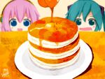  2girls aqua_eyes aqua_hair blue_eyes blurry blurry_background blush butter commentary depth_of_field food food_focus hair_ornament hatsune_miku headphones honey megurine_luka multiple_girls niidonroad open_mouth pancake pink_hair plate saliva signature smile stack_of_pancakes vocaloid 