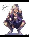  1boy alvis_(xenoblade) boots english_text full_body fur_trim hand_on_own_face highres jewelry male_focus mirin. pendant silver_hair simple_background solo speech_bubble squatting twitter_username white_background white_footwear xenoblade_chronicles xenoblade_chronicles_(series) 