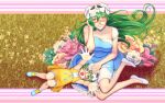  2girls :d absurdres alternate_costume bleach blue_dress breasts collarbone dress dual_persona flower green_hair head_tilt highres huge_filesize lap_pillow large_breasts looking_at_viewer lying multiple_girls nelliel_tu_odelschwanck on_back on_lap open_mouth outstretched_arms scar scar_on_face short_hair sitting skull_on_head smile tsukizawr white_footwear yellow_dress yellow_eyes 