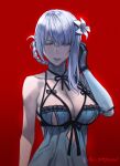  1girl bandaged_arm bandaged_neck bandages bangs braid breasts cleavage commentary_request flower gloves hair_flower hair_ornament highres kaine_(nier) large_breasts lingerie moriyama_daisuke nier nier_(series) red_background silver_hair underwear yellow_eyes 