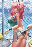  1girl absurdres ass azur_lane ball bangs bare_shoulders black_panties blush breasts bremerton_(azur_lane) bremerton_(scorching-hot_training)_(azur_lane) chain-link_fence crop_top crop_top_overhang fence grey_hair hair_between_eyes hair_ornament hairclip heart heart_necklace highres holding holding_racket large_breasts long_hair looking_at_viewer manjuu_(azur_lane) mole mole_under_eye multicolored_hair panties pink_eyes pink_hair racket see-through shirt sideboob skirt skirt_lift sleeveless sleeveless_shirt sportswear streaked_hair sweatdrop tennis_ball tennis_racket tennis_uniform twintails two-tone_shirt two-tone_skirt underwear wet wet_clothes wet_shirt wet_skirt x_hair_ornament yf_(hbyg) 
