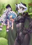  &gt;_&lt; 1boy 1girl apron black_hair blue_hair bodysuit breasts capelet chain cloak crossdressing gloves hair_between_eyes hand_on_hip kyo-hei_(kyouhei) made_in_abyss maid_apron maid_headdress maruruk medium_breasts multicolored_hair open_mouth ozen plant potted_plant shaded_face wavy_mouth white_hair 