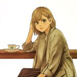  1girl aria_(vampeerz) blonde_hair blue_eyes brown_skirt coat commentary_request cup elbows_on_table grey_coat hair_ornament hairclip hand_on_own_head higashiyama_shou highres looking_at_viewer official_art short_hair simple_background sitting skirt solo table teacup vampeerz white_background 