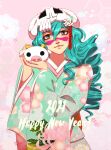  1girl 2021 absurdres alternate_costume alternate_hairstyle animal bleach blue_kimono cow drill_hair facial_mark floral_print green_hair grey_eyes hair_between_eyes happy_new_year highres holding holding_animal japanese_clothes kimono looking_at_viewer nelliel_tu_odelschwanck new_year pink_background print_kimono skull_on_head solo tsukizawr 