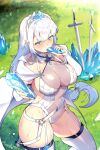  1girl absurdres blue_eyes blurry blurry_background blush breasts bridal_gauntlets cleavage contrapposto copyright_request depth_of_field eating elbow_gloves fingerless_gloves garter_straps gloves halterneck highres ice large_breasts leotard long_hair mendou_kusai mouth_hold novel_illustration official_art outdoors revealing_clothes see-through skindentation solo standing sweat sword symbol_commentary thighhighs thighs tiara very_long_hair weapon white_gloves white_hair white_legwear 
