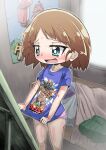  1girl absurdres bangs bed bedroom blue_eyes blue_shirt blurry blurry_background blurry_foreground blush brown_hair character_name commentary depth_of_field eyebrows_visible_through_hair girls_und_panzer green_skirt highres indoors no_pants open_mouth panties pleated_skirt poster_(object) print_shirt purple_panties robot sakaguchi_karina shirt shirt_tug short_hair short_sleeves skirt skirt_removed smile solo standing sweatdrop t-shirt textless translated underwear yamakake_(tororo1293) 