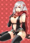  1girl armor assassin_cross_(ragnarok_online) bangs black_cape black_gloves black_legwear black_leotard blush bottle breasts cape commentary_request elbow_gloves eyebrows_visible_through_hair fingerless_gloves flower foot_out_of_frame gloves hair_flower hair_ornament heart heart_background holding holding_bottle leotard looking_at_viewer medium_breasts medium_hair navel negi_mugiya open_mouth pauldrons pink_eyes pink_flower poison ragnarok_online red_scarf revealing_clothes scarf shoulder_armor sitting solo thighhighs waist_cape white_hair 