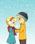  1boy 1girl adjusting_another&#039;s_clothes adjusting_scarf beanie blonde_hair blue_eyes brother_and_sister charlie_brown coat dress earmuffs gloves haku_le hat peanuts sally_brown scarf short_hair siblings snow winter winter_clothes winter_coat 