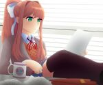  1girl bangs black_legwear blazer blinds blue_skirt bow box box_of_chocolates breasts coffee_mug crumpled_paper cup doki_doki_literature_club eyebrows_visible_through_hair gift green_eyes grey_jacket hair_bow heart highres holding holding_paper holding_pen indoors jacket legs_on_table legs_up littlewing1st logo long_hair medium_breasts monika_(doki_doki_literature_club) mug neck_ribbon nose orange_vest paper pen pleated_skirt ponytail red_ribbon ribbon school_uniform sidelocks sitting skirt solo table thighhighs valentine vest white_bow window wing_collar writing 