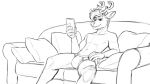  anthro antlers black_and_white briefs cellphone cervid clothed clothing furniture horn male mammal monochrome open_mouth phone pillow sebtheredpanda simple_background sketch smile sofa solo topless underwear white_background zone_system 