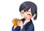  1girl alternate_costume bangs black_hair blush closed_eyes eyebrows_visible_through_hair food fruit hair_ribbon harukaze_unipo hiburi_(kancolle) holding holding_food holding_fruit japanese_clothes kantai_collection open_mouth persimmon ribbon short_ponytail simple_background solo upper_teeth white_background 