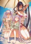 3girls :&gt; :&lt; absurdres armlet barefoot bikini black_hair breasts casual_one-piece_swimsuit euryale_(fate) eyepatch_bikini fate/grand_order fate/hollow_ataraxia fate_(series) feet hairband headdress highres large_breasts lolita_hairband minamoto_no_raikou_(fate) minamoto_no_raikou_(swimsuit_lancer)_(fate) multiple_girls navel one-piece_swimsuit purple_eyes purple_hair siblings sisters small_breasts stheno_(fate) sweater swimsuit twins twintails yamanaka_kotetsu 