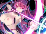  1girl bow_(weapon) breasts character_request collarbone glowing glowing_eyes grin hair_ornament mole mole_on_breast mole_under_mouth mon-musu_quest! mon-musu_quest:_paradox nipples open_mouth raised_eyebrows shiki_(psychedelic_g2) smile weapon x_hair_ornament 