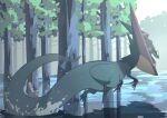  alu_drp closed_mouth commentary_request day dragapult dreepy from_side gen_8_pokemon highres no_humans outdoors pokemon pokemon_(creature) splashing tree water water_drop 