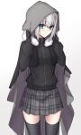  1girl aqua_eyes black_gloves black_legwear black_shirt cloak elfenlied22 fate_(series) fur-trimmed_cloak fur_trim gloves gray_(fate) grey_cloak grey_hair grey_skirt hood hood_up hooded hooded_cloak long_sleeves lord_el-melloi_ii_case_files miniskirt plaid plaid_skirt pleated_skirt shirt skirt solo thighhighs 