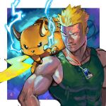  1boy bare_arms biceps black_eyes blonde_hair closed_mouth collarbone commentary_request covered_nipples dog_tags electricity gen_1_pokemon green_tank_top gym_leader looking_to_the_side male_focus muscular muscular_male on_shoulder pectorals pokemon pokemon_(creature) pokemon_(game) pokemon_hgss pokemon_on_shoulder raichu short_hair smile spiked_hair surge_(pokemon) tank_top tofu_(pixiv10770344) upper_body 