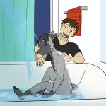  1:1 anthro anthrofied bathing bathtub clothed clothing duo fully_clothed fuze hi_res human male mammal nintendo nude pok&eacute;mon pok&eacute;mon_(species) pok&eacute;morph poochyena shirt showering sitting stubble t-shirt topwear video_games wet 