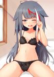  1girl ;o asuto3 azur_lane bangs bed bed_sheet black_bra black_panties blue_eyes blunt_bangs bra breasts cleavage collarbone commentary_request deutschland_(azur_lane) eyebrows_visible_through_hair finger_to_eye from_below grey_hair hair_flaps highres long_hair looking_at_viewer messy_hair midriff multicolored_hair navel one_eye_closed open_mouth panties sidelocks sitting small_breasts solo underwear waking_up wariza 