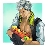  1boy baby_bottle black_gloves black_hair border bottle coat commentary_request facial_hair gen_1_pokemon gloves green_background grey_hair growlithe holding holding_bottle holding_pokemon labcoat looking_down male_focus multicolored_hair nipples open_clothes open_coat outside_border pokemon pokemon_(creature) pokemon_(game) pokemon_go short_hair sweat tofu_(pixiv10770344) two-tone_hair upper_body white_border willow_(pokemon) 