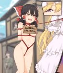  1boy 2girls ahoge annoyed arms_behind_back bangs bdsm black_hair blonde_hair blurry blurry_background bondage bound bow box_tie breasts collar commentary_request crotch_rope day dress exhibitionism frilled_bow frills hair_between_eyes hair_bow hair_tubes hakurei_reimu highres leash long_hair medium_breasts miyo_(ranthath) multiple_girls navel nude open_mouth outdoors public_nudity purple_eyes red_bow sign touhou translated upper_teeth white_dress yakumo_yukari 