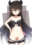  1girl absurdres bangs black_hair blush breasts clothes_pull collarbone condom cum cum_in_pussy cumdrip ever_(nann2013) eyebrows_visible_through_hair girls_frontline hand_on_hip highres judge_(girls_frontline) korean_text long_hair looking_at_viewer medium_breasts navel pants pants_pull pussy sangvis_ferri solo tearing_up very_long_hair wavy_mouth yellow_eyes 