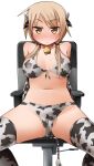  1girl absurdres animal_ears animal_print baaad_sima bell blonde_hair blush bodypaint breasts breasts_apart chair closed_mouth collar cow_ears cow_horns cow_print cow_tail eyebrows_visible_through_hair fake_horns fake_tail highres horns ichii_yui large_breasts navel neck_bell nipples nude on_chair shiny shiny_hair simple_background sitting solo spread_legs sweat tail thighhighs twintails white_background yellow_eyes yuyushiki 