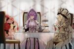  2girls absurdres bangs breasts cake closed_eyes cup dress drinking fate/grand_order fate_(series) flower food gloves hair_between_eyes hair_ornament hat highres huge_filesize jewelry marie_antoinette_(fate) multiple_girls necklace ootato plate purple_hair purple_legwear scathach_(fate)_(all) scathach_skadi_(fate) sitting smile sweets table tea tea_party teacup teapot thighhighs veil white_dress white_gloves white_headwear white_legwear 