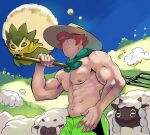  1boy abs absurdres bara beige_headwear blue_eyes closed_mouth commentary_request day eldegoss freckles gen_8_pokemon grass green_shorts gym_leader hat highres holding holding_pitchfork male_focus milo_(pokemon) navel nipples outdoors pectorals pink_hair pitchfork pokemon pokemon_(game) pokemon_swsh shirtless short_hair shorts sky smile sun_hat tofu_(pixiv10770344) wooloo 