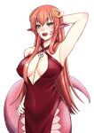  absurdres commission commissioner_upload dress forked_tongue hair_between_eyes hair_ornament highres jewelry lipstick long_hair looking_at_viewer makeup miia_(monster_musume) monster_musume_no_iru_nichijou moonmirageart necklace pointy_ears red_hair scales slit_pupils tongue tongue_out transparent_background wide_hips yellow_eyes 