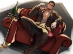  1boy bara black_hair brown_pants brown_suit bulge couch dark_skin dark_skinned_male dutch_angle eyewear_removed facial_hair foot_out_of_frame formal goatee green_hair jacket jingisu_kan_(bara_artist) kyoichi_(live_a_hero) live_a_hero looking_at_viewer male_cleavage male_focus mature_male multicolored_hair muscular muscular_male official_alternate_costume on_couch open_clothes open_jacket pants partially_unbuttoned pectorals shirt short_hair sideburns smirk solo streaked_hair striped striped_shirt suit 