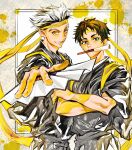  1boy 2boys absurdres akaashi_keiji bangs black_hair bokuto_koutarou crossed_arms fan framed green_eyes grey_hair hachimaki haikyuu!! headband highres hiromu_0811 holding holding_fan huge_filesize japanese_clothes kimono looking_at_viewer male_focus mouth_hold multicolored_hair multiple_boys parted_lips simple_background smile two-tone_hair yellow_eyes 