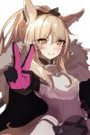  1girl animal_ear_fluff animal_ears arknights armor bangs black_bow black_gloves blemishine_(arknights) blonde_hair blush bow breastplate cape commentary_request extra_ears eyebrows_visible_through_hair fur-trimmed_cape fur_trim gloves hair_between_eyes hair_bow hand_on_hip hand_up hellnyaa highres horse_ears horse_girl horse_tail long_hair looking_at_viewer orange_eyes pink_gloves ponytail smile solo tail two-tone_gloves upper_body v white_background white_cape 