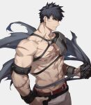  1boy 47 abs alchemy_stars armor bangs bara bare_pectorals belt belt_buckle black_hair buckle bulge closed_mouth fingerless_gloves gloves grey_pants half_gloves highres large_pectorals looking_at_viewer male_focus muscular muscular_male navel nipples pants pauldrons pectorals pittman_(alchemy_stars) red_belt scar scar_on_arm scar_on_cheek scar_on_chest scar_on_face scar_on_neck scar_on_stomach short_hair shoulder_armor single_bare_shoulder single_glove single_pauldron solo torn_clothes white_background 