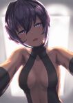 1girl announ_(kurotya) backlighting bangs bare_shoulders black_gloves black_hairband black_leotard breasts center_opening collarbone commentary_request dark_skin dark_skinned_female fate/prototype fate/prototype:_fragments_of_blue_and_silver fate_(series) gloves hairband hassan_of_serenity_(fate) highres leotard looking_at_viewer medium_breasts navel open_mouth purple_eyes purple_hair short_hair sidelocks smile solo 