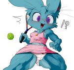  anthro ball blush bodily_fluids breasts camel_toe cottontail female hi_res kurasuto_(cottontail) lagomorph leporid mammal muscular_legs muscular_thighs nipple_outline rabbit small_breasts solo sweat tennis tennis_ball tennis_racket thick_thighs 