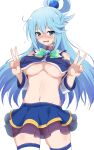  1girl aqua_(konosuba) bangs bare_shoulders blue_eyes blue_hair blush breasts commentary_request detached_sleeves eggman_(pixiv28975023) embarrassed hair_between_eyes hair_ornament hair_rings highres kono_subarashii_sekai_ni_shukufuku_wo! large_breasts lifted_by_self long_hair looking_at_viewer open_mouth skirt smile solo thighhighs 