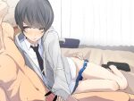  2boys bangs bar_censor bed black_neckwear blue_buruma blush brown_eyes buruma buruma_pull censored clothed_male_nude_male collared_shirt crossdressing dress_shirt eyebrows_visible_through_hair grey_hair grey_jacket hand_on_another&#039;s_hip handjob head_out_of_frame hood hooded_jacket indoors jacket long_sleeves looking_at_another male_focus multiple_boys navel necktie nose_blush nude on_bed open_clothes open_jacket original otoko_no_ko penis shirt shisonoha short_hair sitting size_difference socks speed_lines swept_bangs trembling white_shirt yaoi yokozuwari 