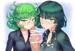  1boy 2girls bangs bar_censor black_dress blush breasts censored collarbone collared_dress commentary_request covered_nipples cum cum_in_mouth cum_on_clothes cum_on_tongue curly_hair dress earrings erection eyebrows_visible_through_hair facial fellatio ffm_threesome fubuki_(one-punch_man) green_eyes green_hair group_sex hair_between_eyes handjob hetero highres jewelry large_breasts looking_at_viewer mogudan mosaic_censoring multiple_girls one-punch_man oral penis pillow short_hair siblings sisters tatsumaki threesome tongue tongue_out upper_body 