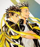  2boys akaashi_keiji bangs black_hair bokuto_koutarou crossed_arms earrings green_eyes grin hachimaki haikyuu!! headband highres hiromu_0811 jewelry looking_at_viewer looking_away male_focus mouth_hold multicolored_hair multiple_boys open_clothes profile simple_background smile standing two-tone_hair whistle yellow_eyes 