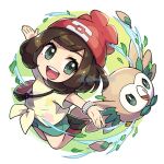  1girl :d bangs beanie blush bracelet brown_hair eyelashes floral_print gen_7_pokemon green_eyes green_shorts hat jewelry mixed-language_commentary open_mouth outstretched_arms peron_(niki2ki884) pokemon pokemon_(creature) pokemon_(game) pokemon_sm red_headwear rowlet selene_(pokemon) shirt shoes short_sleeves shorts smile starter_pokemon t-shirt tied_shirt tongue upper_teeth z-ring 