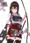  1girl absurdres akagi_(kancolle) arrow_(projectile) bow_(weapon) brown_eyes brown_gloves brown_hair flight_deck gaiters gloves hakama hakama_skirt highres holding holding_bow_(weapon) holding_weapon japanese_clothes kantai_collection long_hair muneate partially_fingerless_gloves quiver red_hakama rigging single_glove solo straight_hair taki_rentaro tasuki thighhigh_gaiters thighhighs weapon yugake yumi_(bow) 