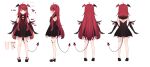  1girl absurdres ahoge amashiro_natsuki araka_luto black_dress black_footwear character_sheet demon_girl demon_tail demon_wings dress elbow_gloves english_commentary eyebrows_behind_hair gloves hair_ornament head_wings highres prism_project red_hair red_wings shoes sleeveless tail wings 