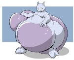  2_toes 3_fingers anthro belly big_butt blue_background blush butt colored embarrassed feeling feet fingers flat_chested grope groping_self hyper legendary_pok&eacute;mon mewtwo nintendo obese overweight pink_body pok&eacute;mon pok&eacute;mon_(species) purple_body shaded shadow simple_background solo tail_grab teeth thick_tail thick_thighs toes tongue video_games wassnamink white_background white_floor white_ground 
