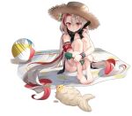  1girl azur_lane ball bangs bare_shoulders barefoot beachball byulzzi eyebrows_visible_through_hair flower full_body hair_between_eyes hair_ornament hair_scrunchie hat highres leg_hug long_hair maestrale_(azur_lane) maestrale_(lonesome_beachfarer)_(azur_lane) manjuu_(azur_lane) multicolored_hair ocean official_art outdoors parted_lips red_eyes red_hair scrunchie shadow shovel silver_hair sitting sleeping straw_hat swimsuit thigh_strap thighs toes towel transparent_background twintails very_long_hair 
