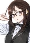  1girl black_vest blush bow bowtie braid braided_ponytail breasts brown_eyes brown_hair collared_shirt dress_shirt earrings fate/grand_order fate_(series) glasses highres jewelry long_hair long_sleeves medium_breasts multiple_earrings open_mouth shirt single_braid toi8 very_long_hair vest white_shirt yu_mei-ren_(fate) 