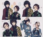  234_(1234!) 2boys :o ? ^_^ arm_up belt black_hair black_shirt brown_hair buttons closed_eyes dutch_angle earrings flower_(symbol) fox_mask gakuran grey_background hair_slicked_back half-closed_eyes hands_clasped hands_up haori heart high_collar highres japanese_clothes jewelry kamado_tanjirou kimetsu_no_yaiba kimono long_hair long_sleeves looking_at_viewer low_ponytail male_focus mask multiple_boys multiple_views obi own_hands_together ponytail print_kimono sash scar scar_on_forehead school_uniform shirt simple_background smile speech_bubble surprised tomioka_giyuu uniform upper_body wide-eyed wide_sleeves 