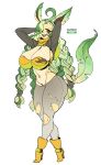  anthro big_breasts breasts cleavage clothed clothing eeveelution female green_hair hair hair_over_eye hands_behind_head hi_res high_heels leafeon maniacpaint nintendo one_eye_obstructed pok&eacute;mon pok&eacute;mon_(species) simple_background solo video_games white_background wide_hips 